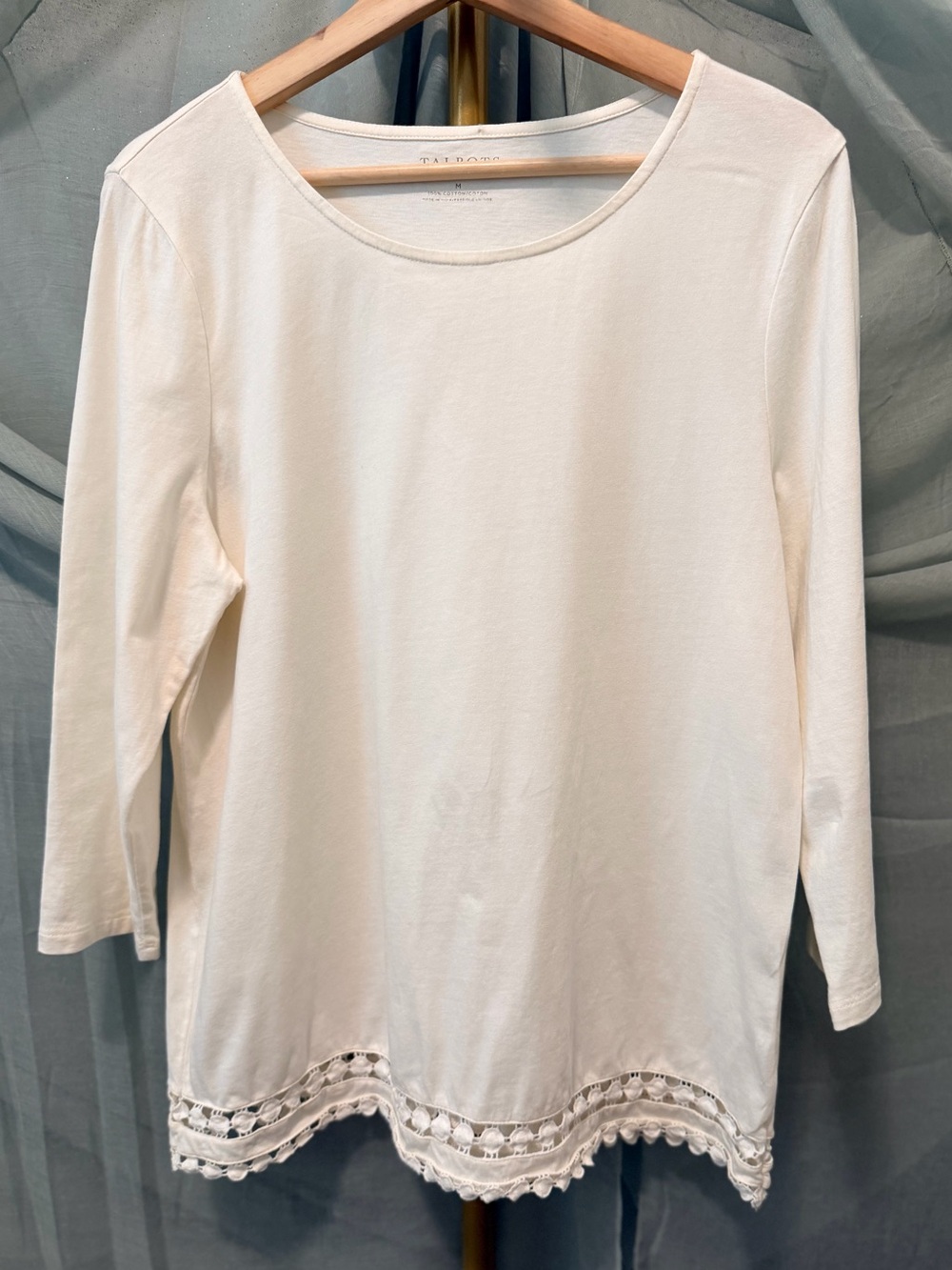Talbots Cream Long Sleeve Scoop Neck Top with Crocheted Trim